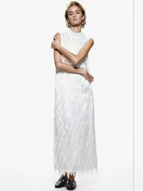 h&m cream fringe dress Women's Cream Fringe-trimmed knitted dress